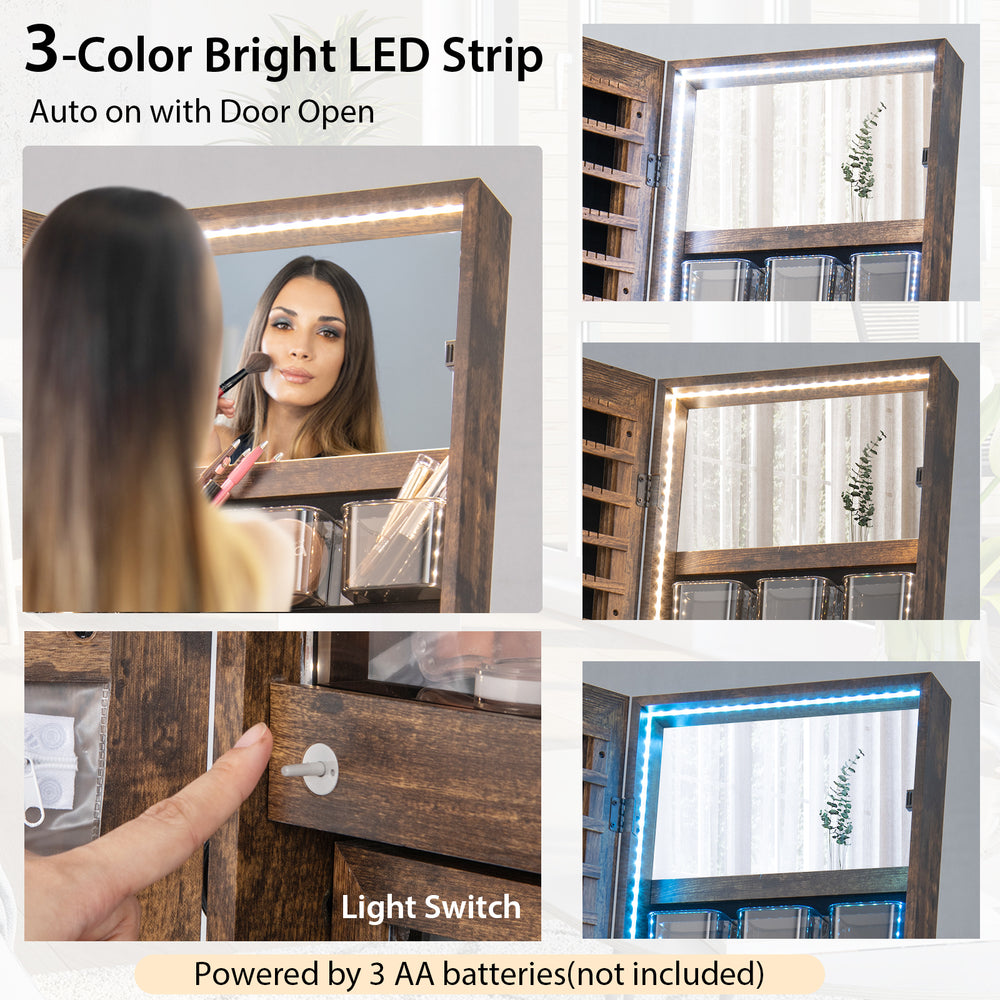 Freestanding jewelry cabinet with full-length mirror, rustic brown finish, featuring 3-color LED lights and multiple.