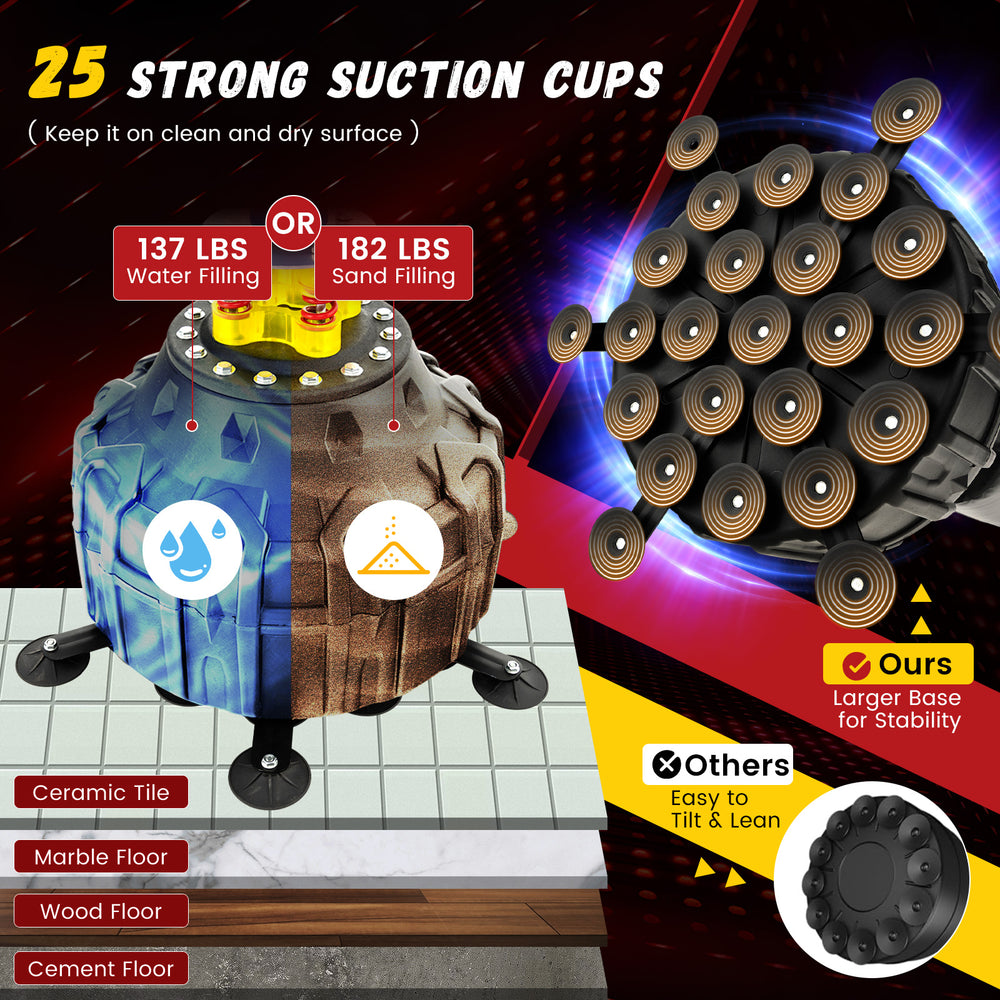 Freestanding 71-inch punching bag with 25 strong suction cups, designed for stability during boxing and kickboxing.