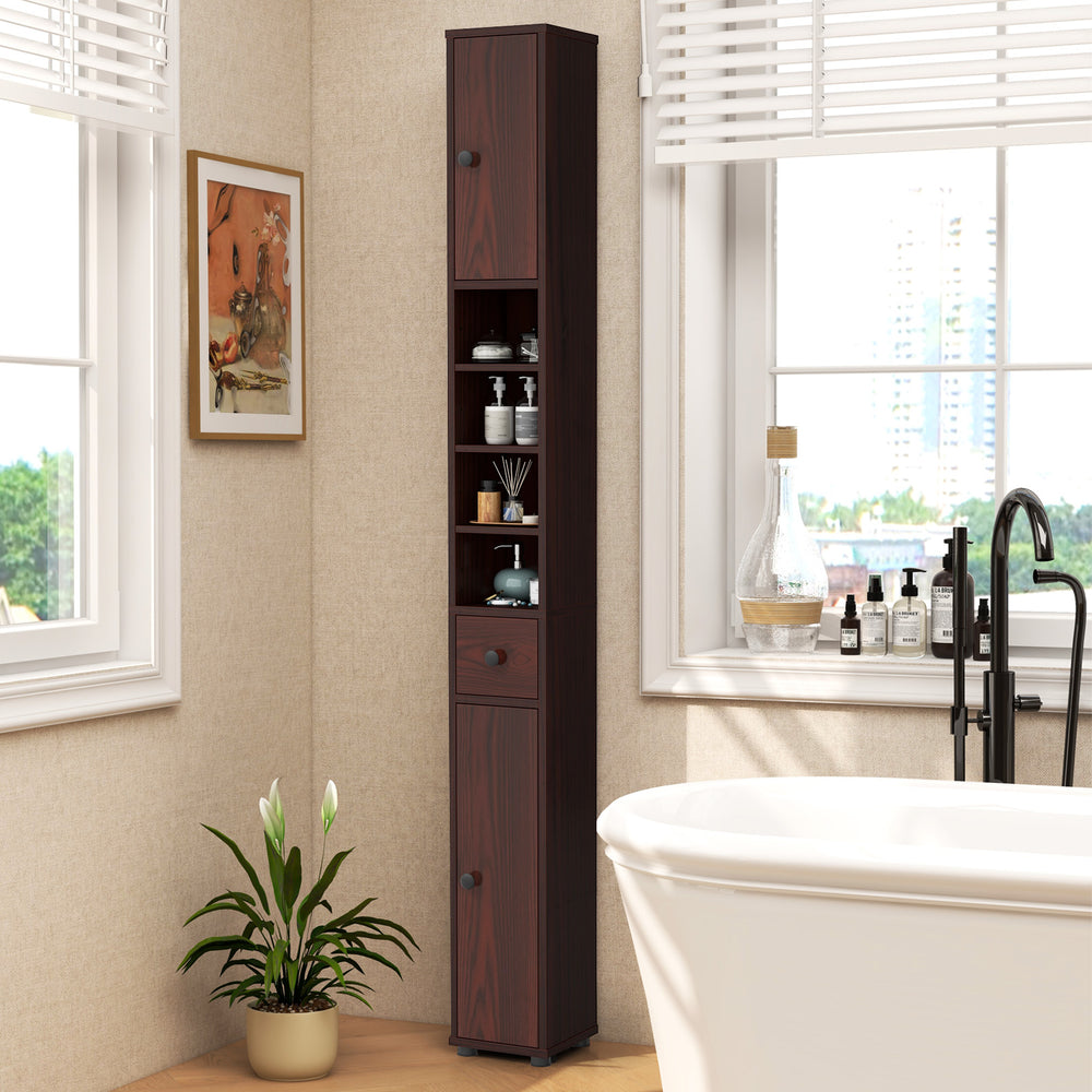 Freestanding Slim Bathroom Cabinet with Drawer and Adjustable Shelves-Brown - Gallery View 1 of 10