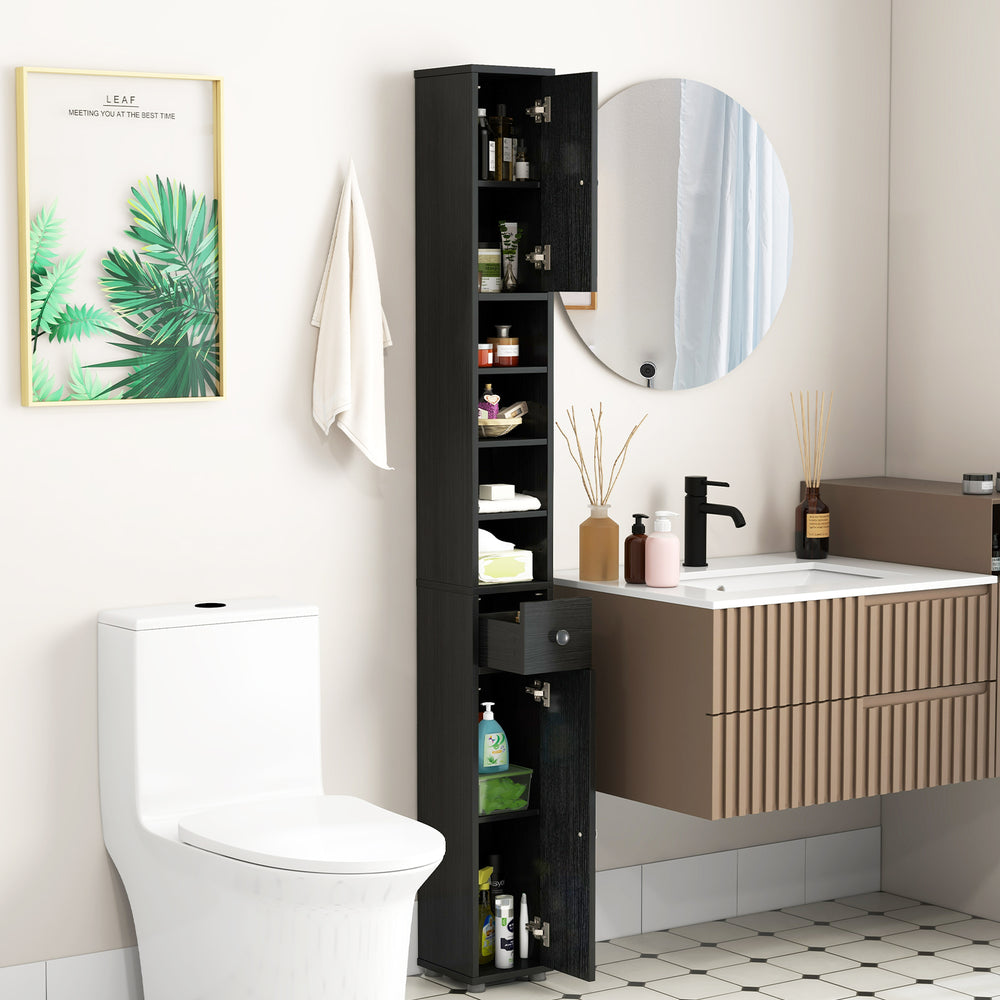 Freestanding Slim Bathroom Cabinet with Drawer and Adjustable Shelves-Black - Gallery View 1 of 9