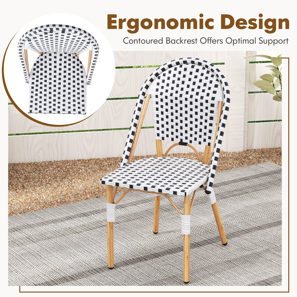 French bistro chair featuring a hand-woven PE rattan seat and ergonomic backrest, ideal for patio or garden use.