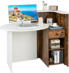 L-shaped front reception office desk in brown and white with oval tabletop, open shelf, and lockable drawer for storage.