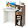 Oval-front reception office desk in brown and white with open shelf, drawer, and protective foot pads for floor safety.
