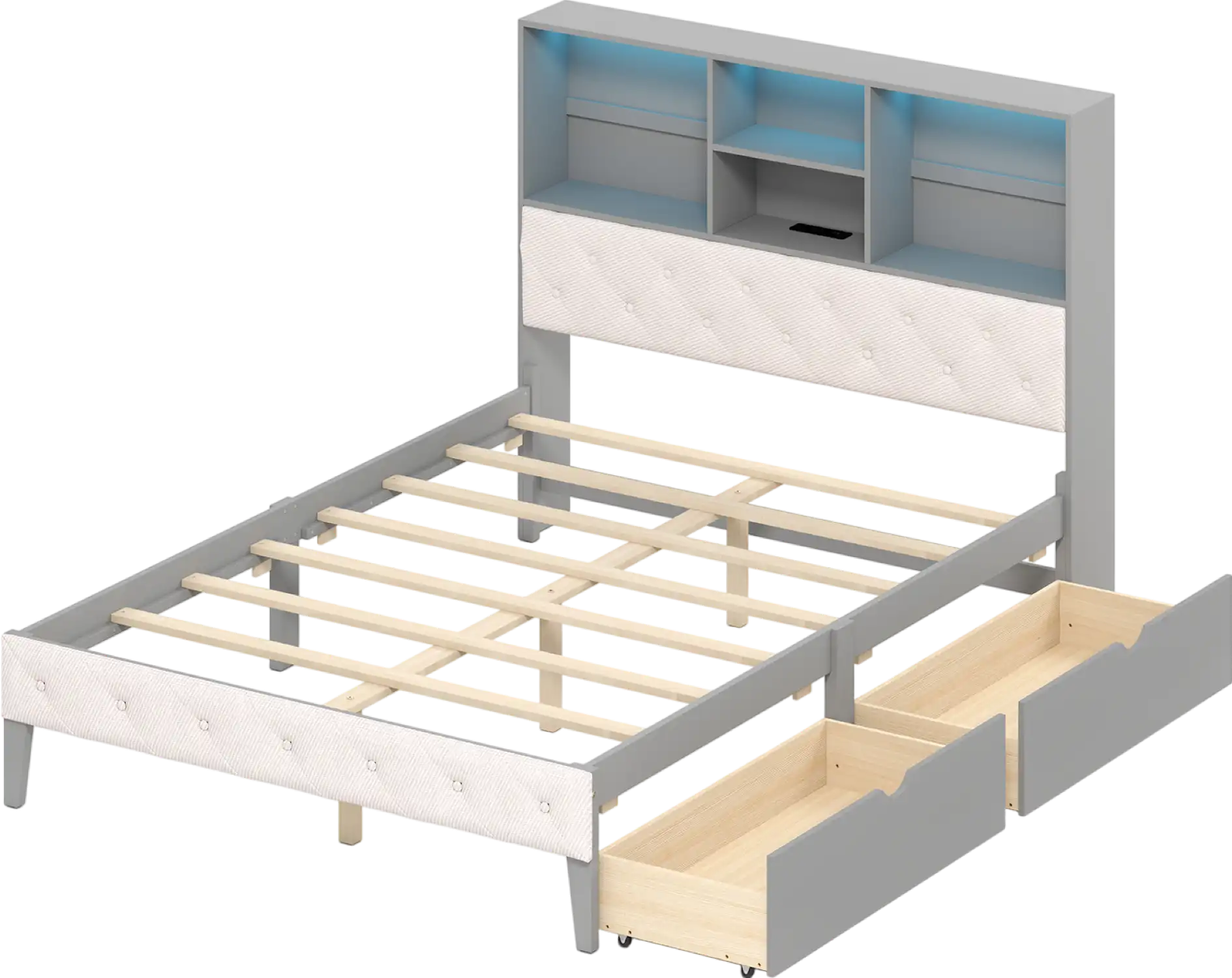 Costway Full Size Bed Frame with Bookcase Headboard and LED Lights New