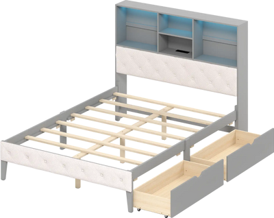 Costway Full Size Bed Frame with Bookcase Headboard and LED Lights New