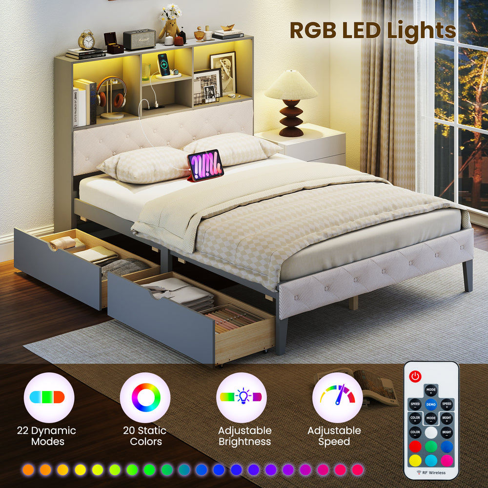 Costway Full Size Bed Frame with Bookcase Headboard and LED Lights New