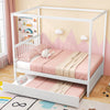 Full size white canopy bed with trundle, solid wood frame, designed for kids' bedrooms, enhances sleeping space and.