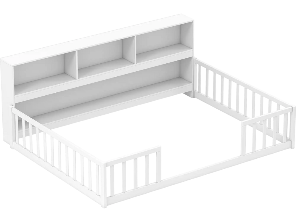 Full size Montessori floor bed in white with integrated bookcase, promoting independence and organized storage for kids.