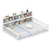 Montessori floor bed with integrated bookcase in white, featuring a cozy sleeping area and ample storage for toys and.