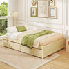 Full size wooden bed frame in natural finish with two rolling storage drawers, ideal for maximizing space and.
