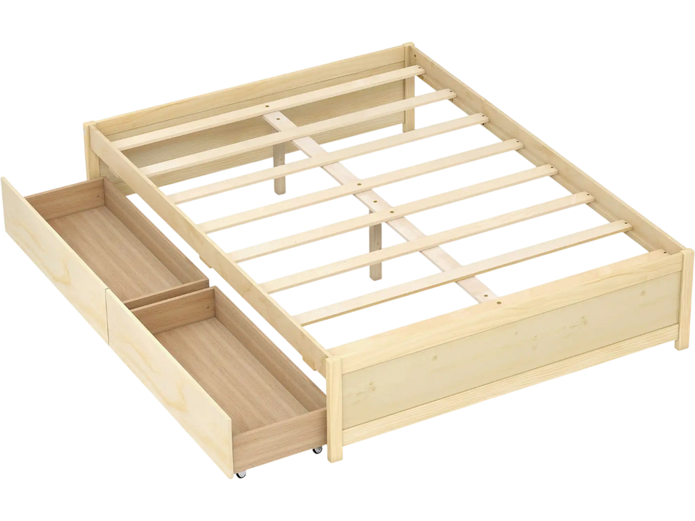 Full size wooden bed frame in natural finish with two rolling storage drawers for convenient organization.