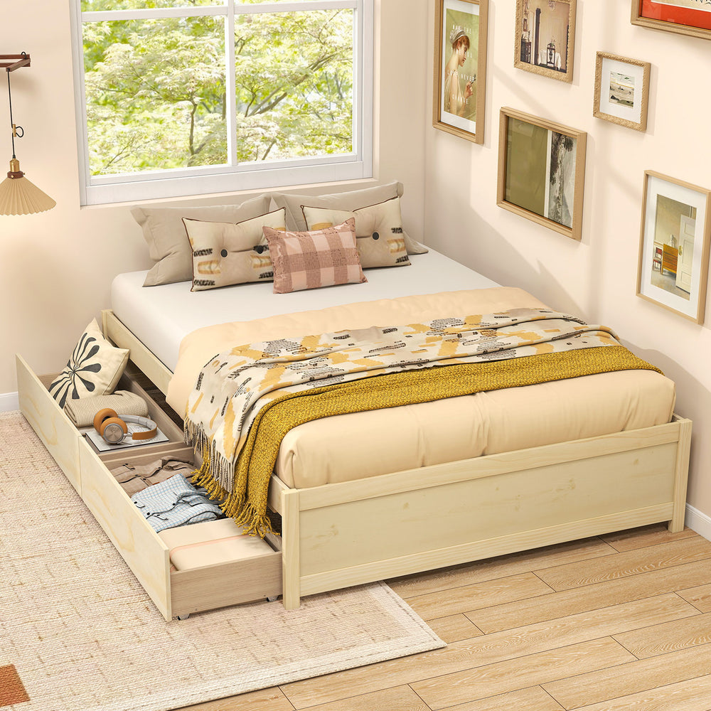Full Size Wooden Bed Frame with 2 Rolling Storage Drawers-Natural - Gallery View 1 of 8