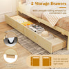 Full view of the full-size wooden bed frame featuring two rolling storage drawers for convenient under-bed storage.