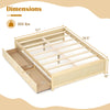 Full size wooden bed frame with two rolling storage drawers, slatted platform, and dimensions for easy assembly.