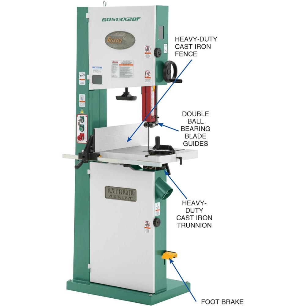 Grizzly G0513X2BF Bandsaw 17" 2 HP w/ Cast-Iron Trunnion & Foot Brake Extreme Series New