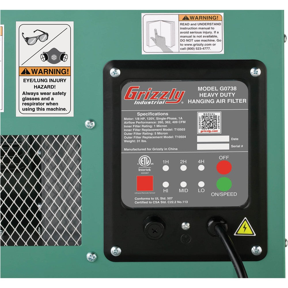Grizzly G0738 - Hanging Air Filter, 3-Speed