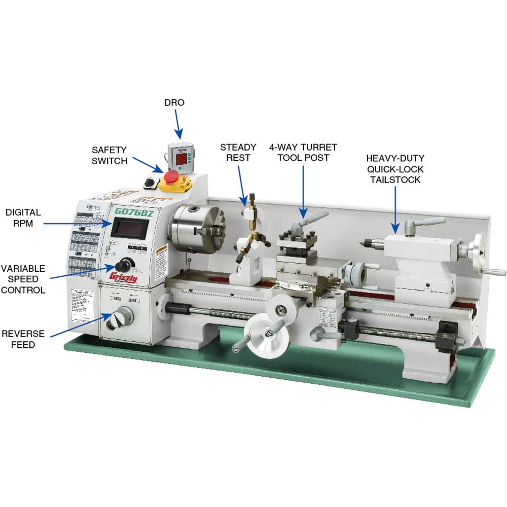 Grizzly G0768Z - 8" x 16" Variable-Speed Benchtop Metal Lathe with DRO