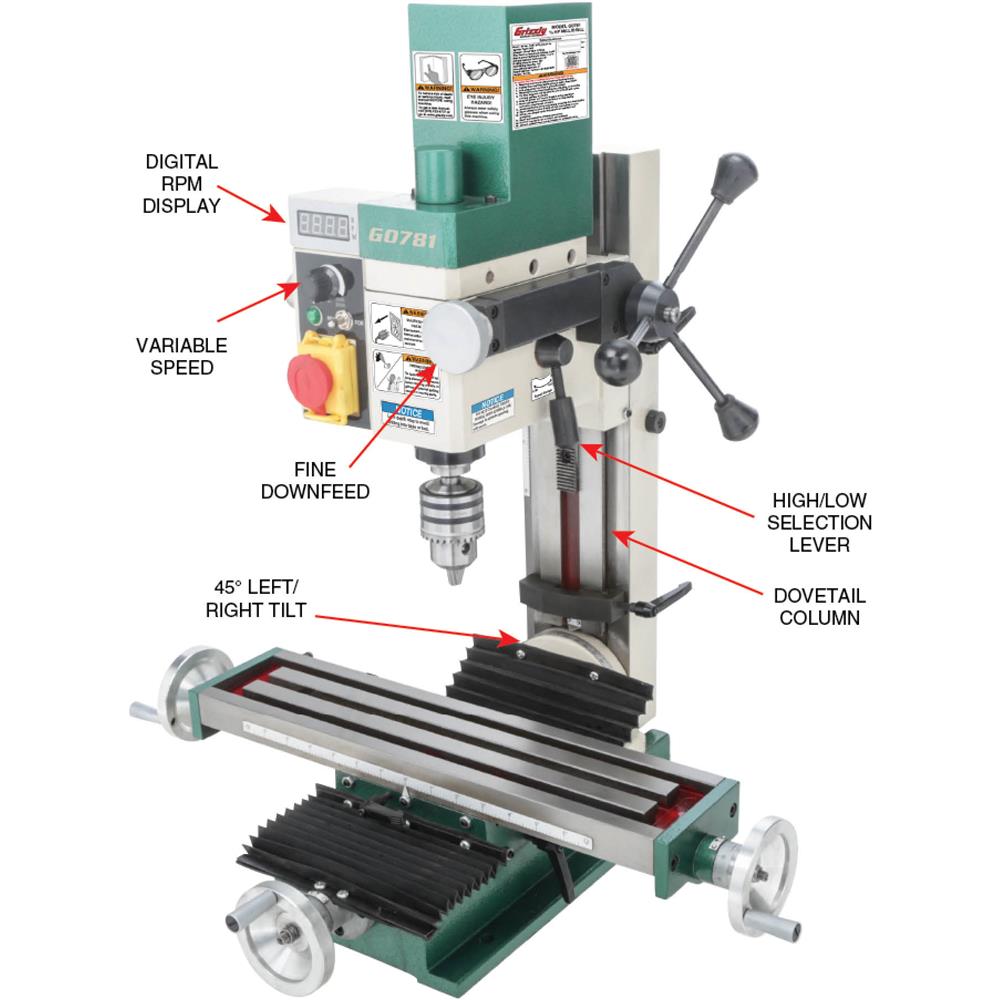 Grizzly G0781 - 4" x 18" 3/4 HP Mill/Drill