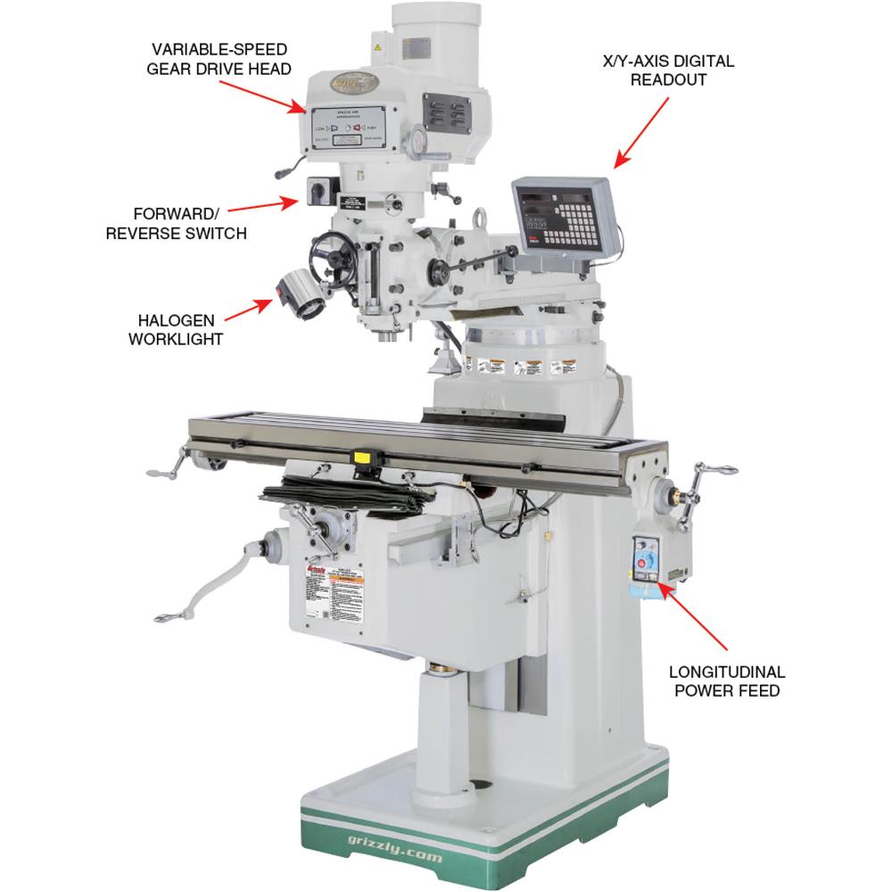 Grizzly G0797 - 10" x 50" 3 HP Variable-Speed Vertical Mill with Power Feed and DRO
