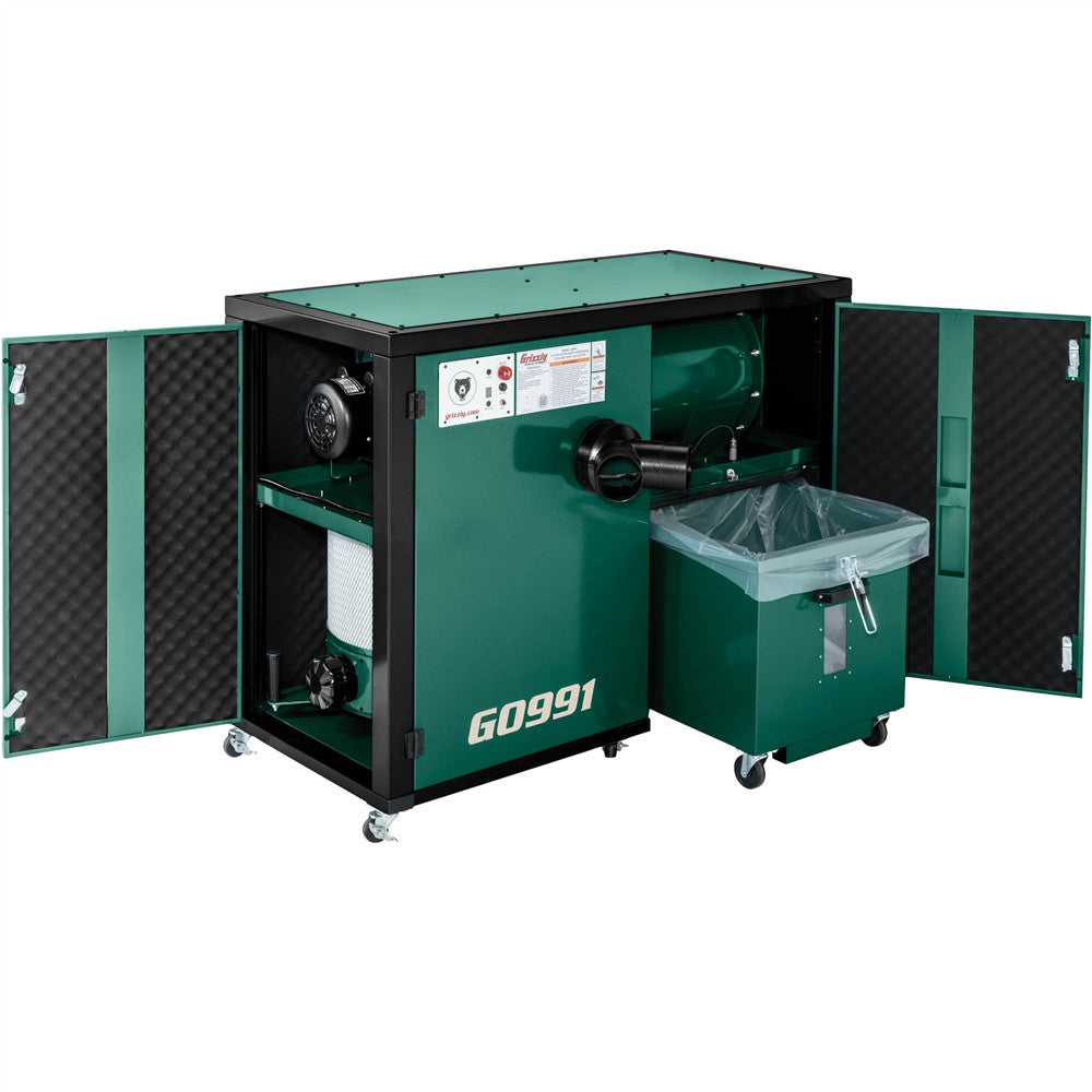 Grizzly G0991 - 1-1/2 HP Ultra-Quiet Horizontal Cyclone Dust Collector