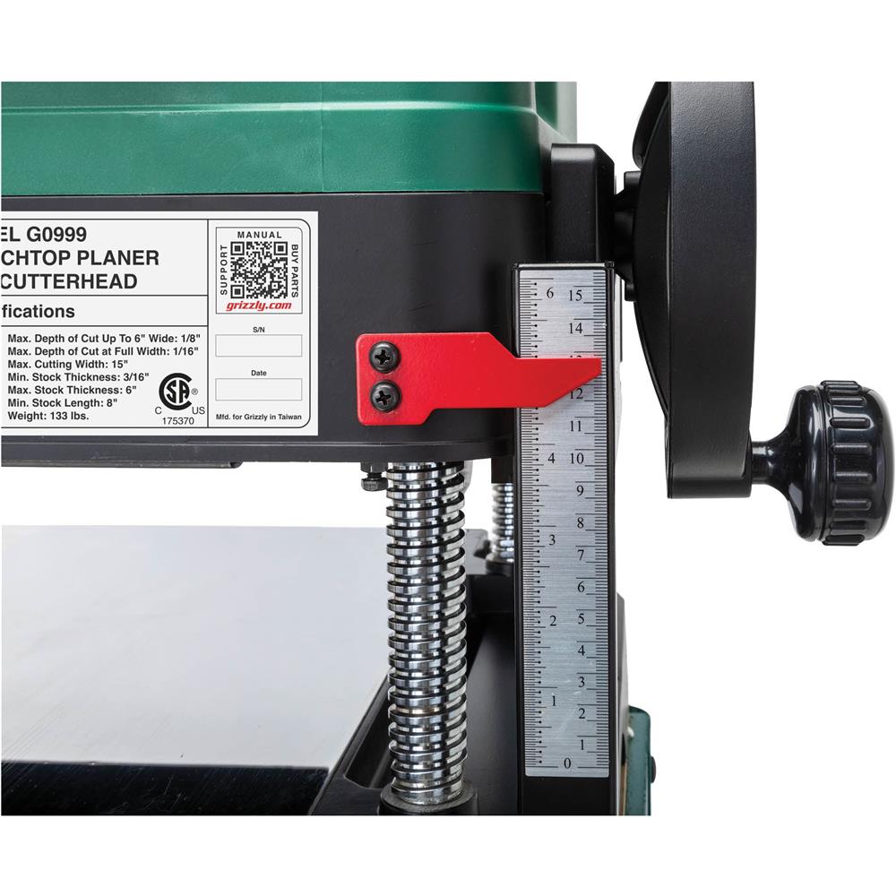 Grizzly G0999 - 15" 2 HP Benchtop Planer with Spiral Cutterhead