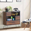 3-tier wood storage cabinet with 4 metal legs, showcasing a stylish side view with 2 open shelves and a drawer for.