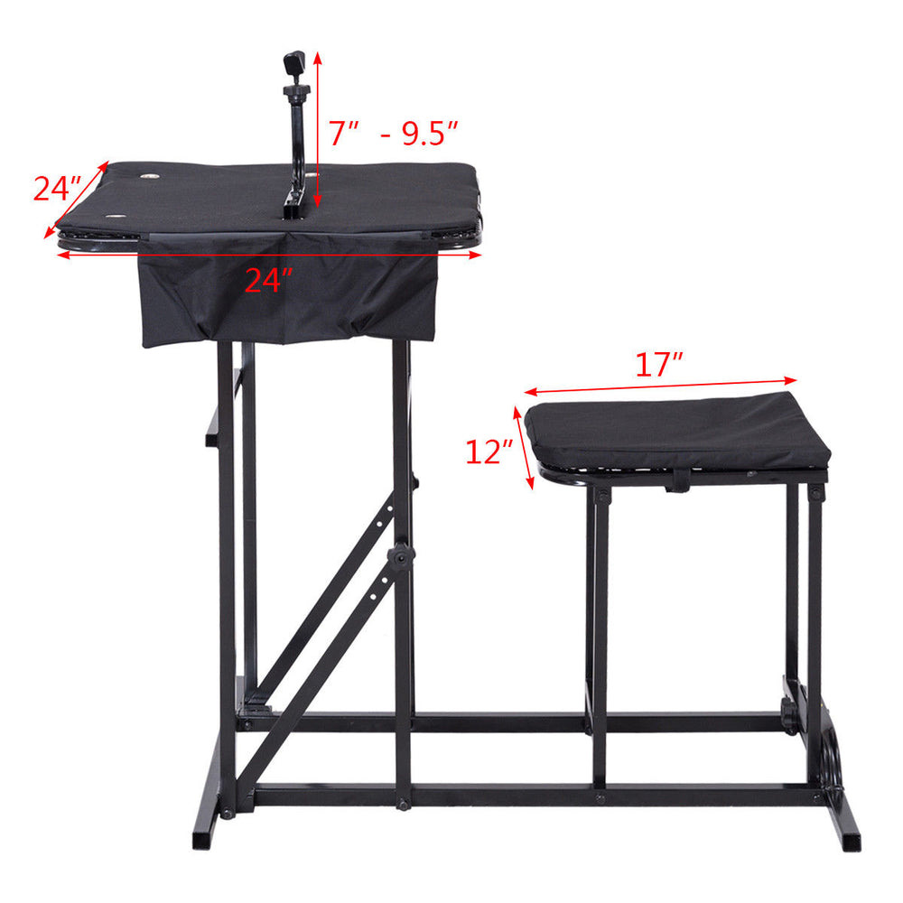 Foldable shooting bench with adjustable height table, 24" x 24" platform, durable steel frame, ideal for outdoor use.