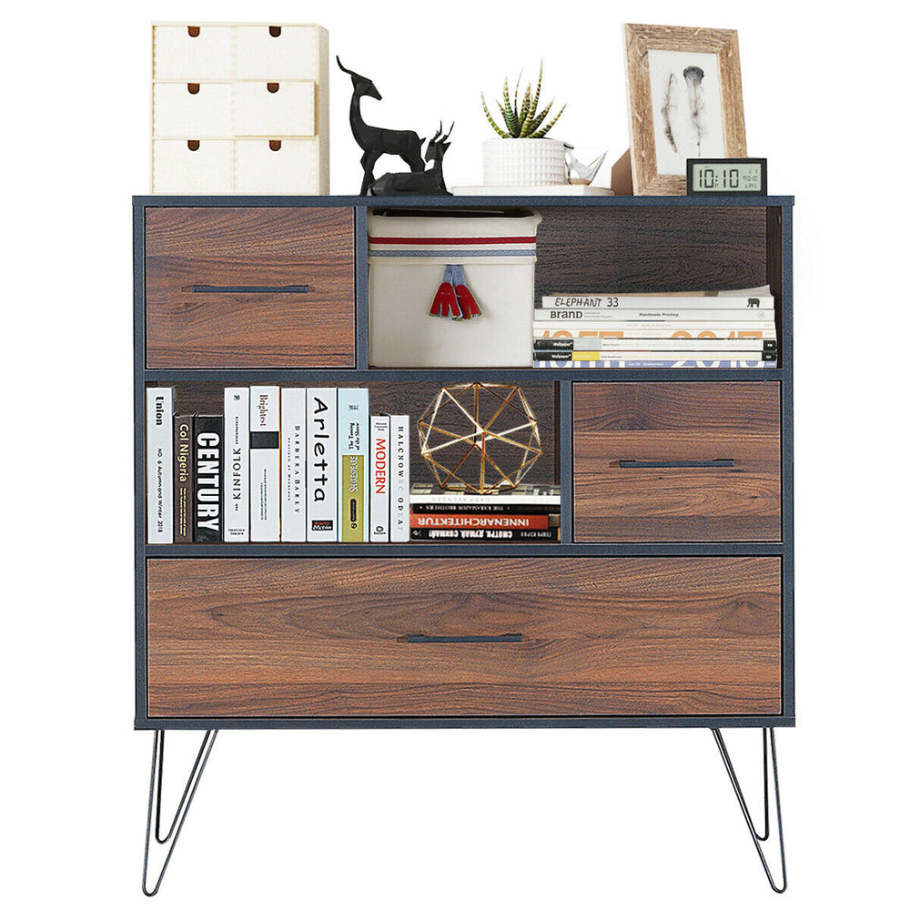 3-tier wood storage cabinet with sturdy metal legs, featuring a close-up view of the smooth surface and stylish drawer.