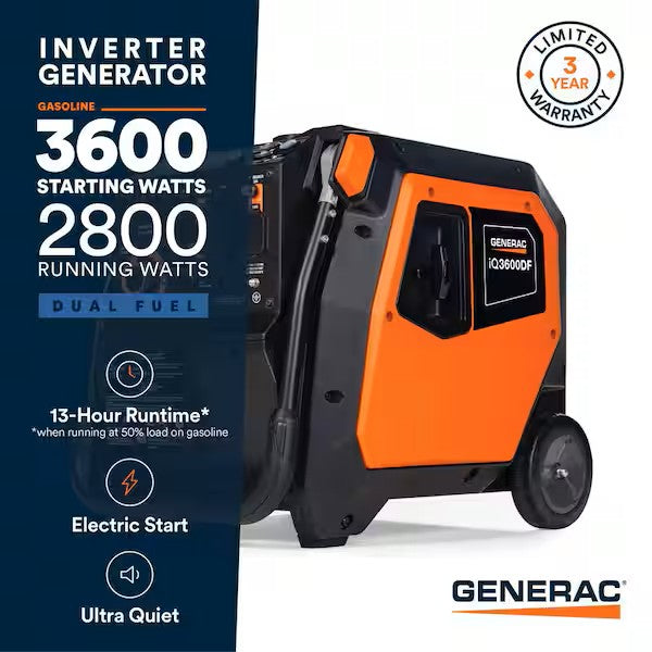 Generac iQ3600 DF 8151 2800W/3600W Generator Dual Fuel Gas Propane Inv ...