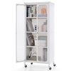 White glass doors storage cabinet with wheels, featuring adjustable shelves for customizable organization in any room.