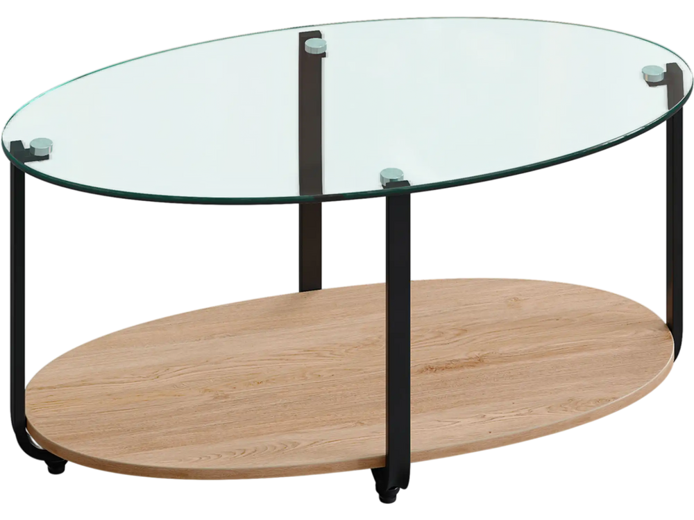 2-Tier Glass-Top Oval Coffee Table with Wooden Shelf for Living Room
