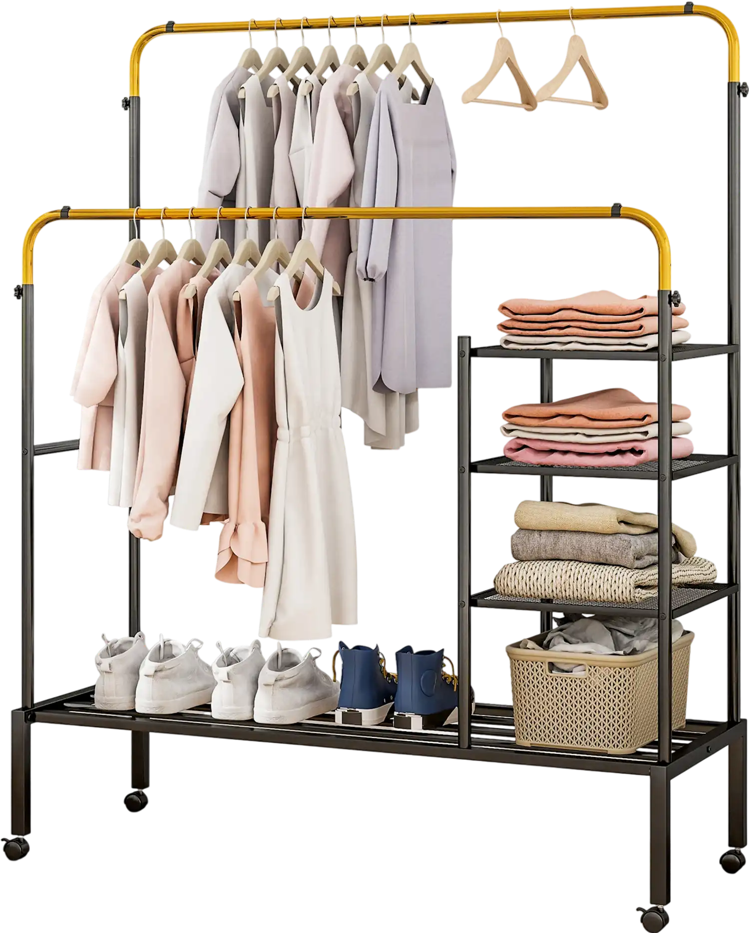 Costway Rolling Double Rods Garment Rack Height Adjustable Hanging Bars Golden 61347598 New