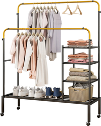 Rolling double rods garment rack in golden finish with adjustable hanging bars and storage shelves for versatile use.