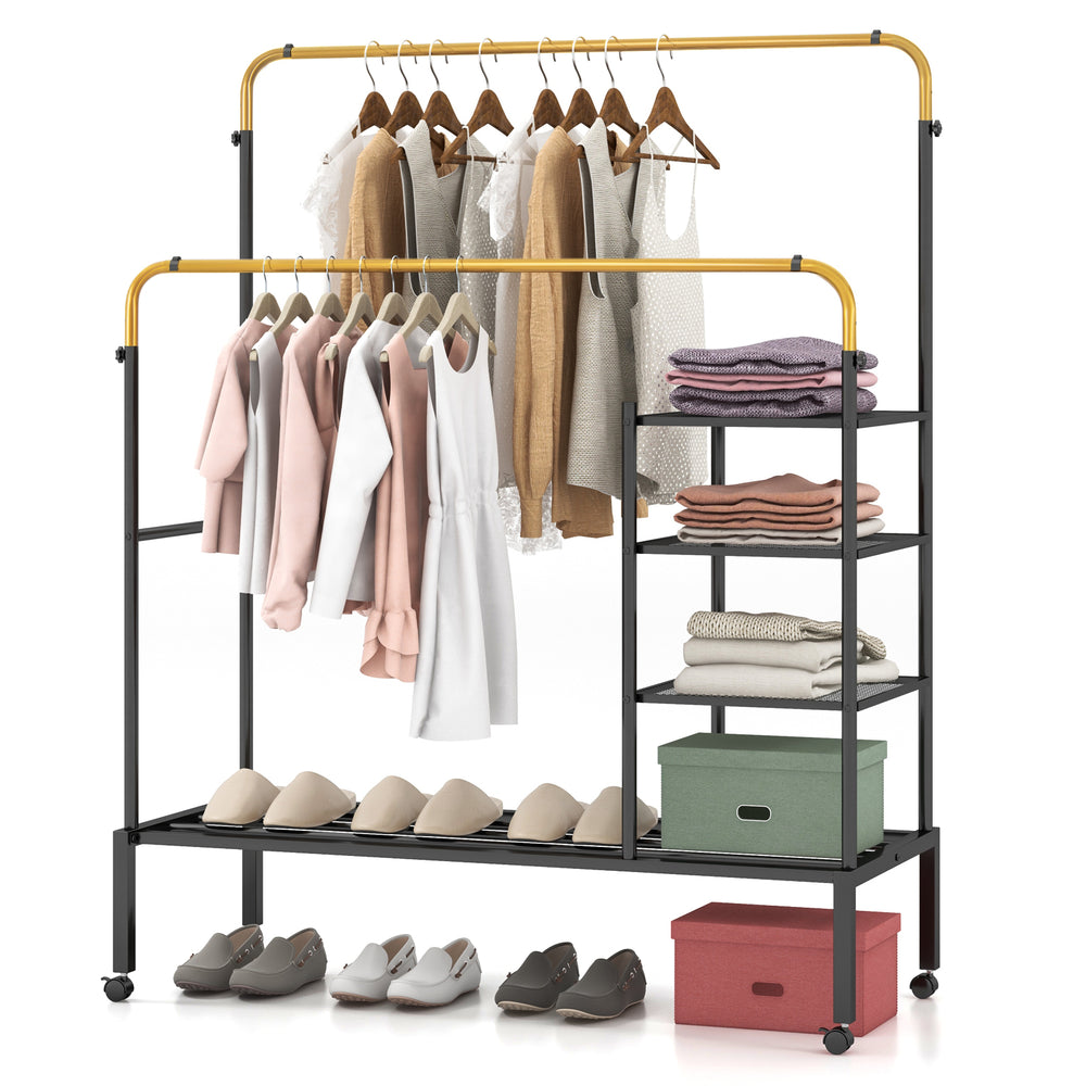 Rolling garment rack with height adjustable golden rods, featuring shelves for storage and lockable wheels for easy.