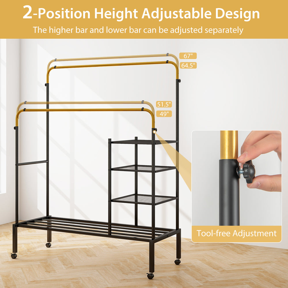 Rolling garment rack with height adjustable golden rods, featuring tool-free adjustment and lockable wheels for easy.