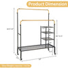 Height-adjustable rolling garment rack with double rods, golden accents, and lockable wheels for versatile storage.