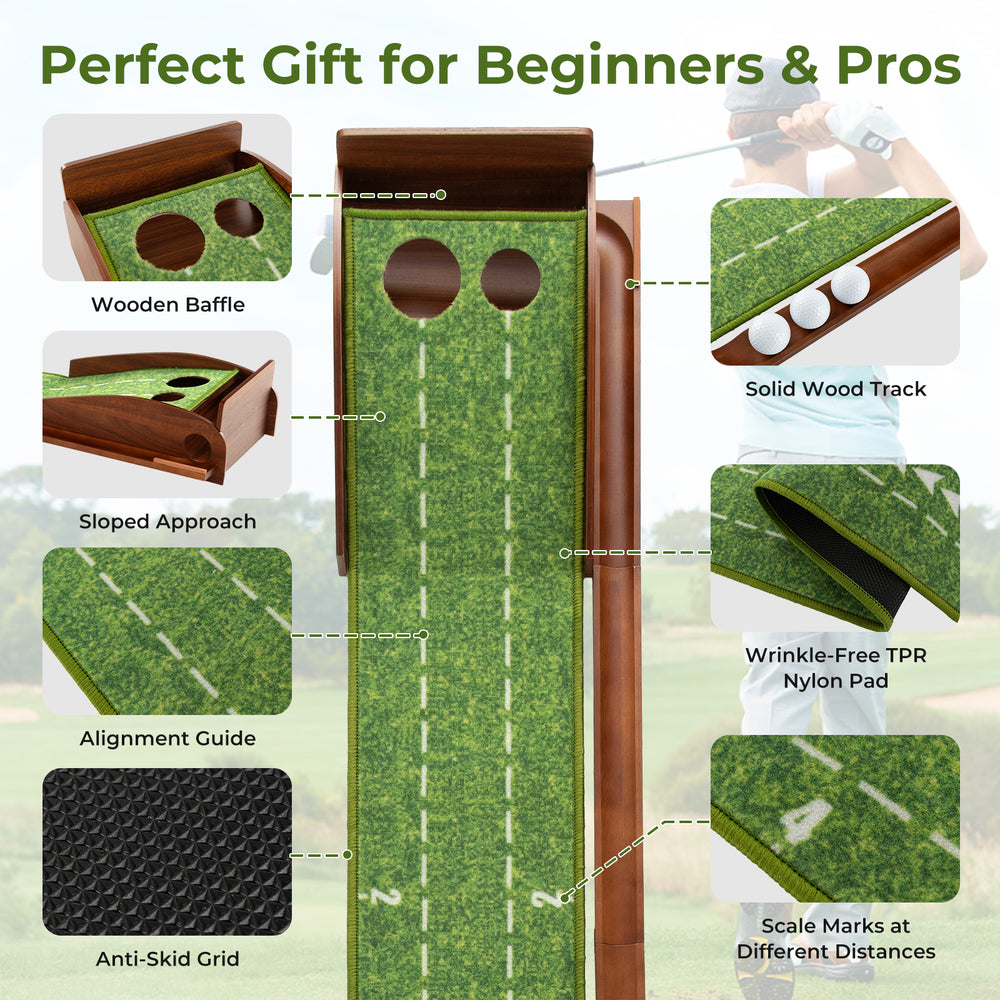 Golf putting mat with wooden baffle, auto ball return, and two hole sizes for practice, featuring anti-skid base.