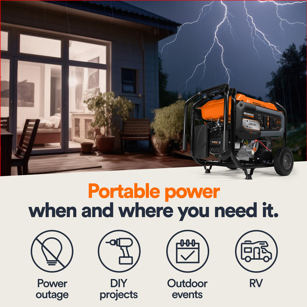 Generac GP8000E 8000W/10,000W Generator Gas PowerRush with CO Sense Electric Start 7715 RFB