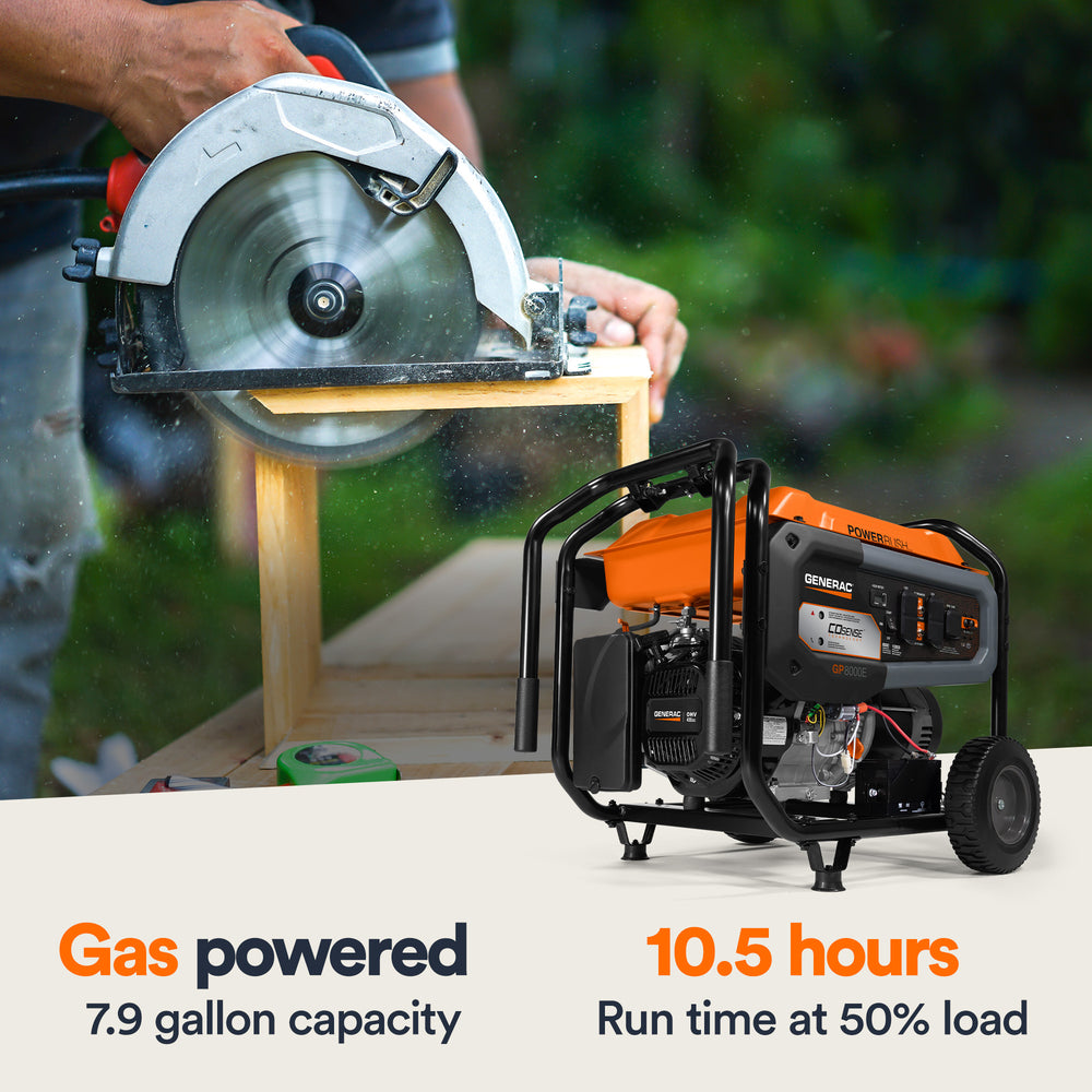 Generac GP8000E 8000W/10,000W Generator Gas PowerRush with CO Sense Electric Start 7715 RFB