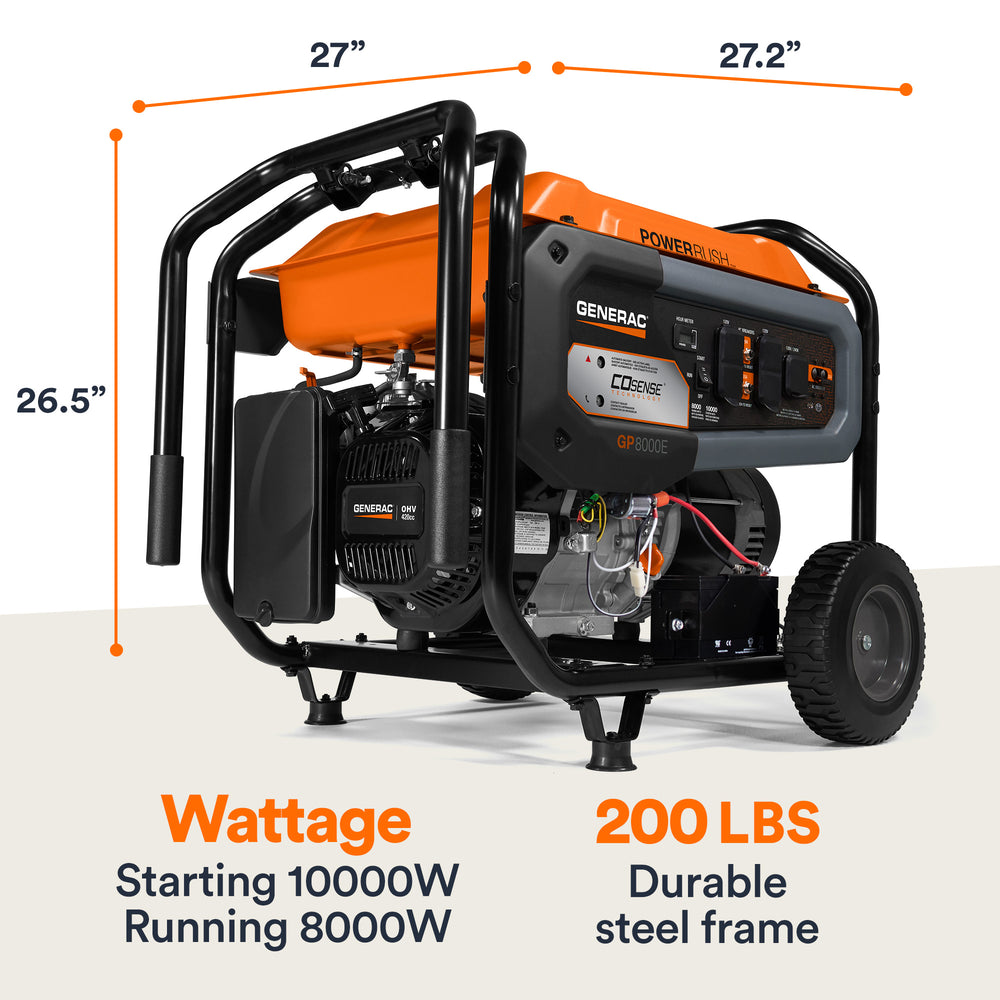 Generac GP8000E 8000W/10,000W Generator Gas PowerRush with CO Sense Electric Start 7715 RFB