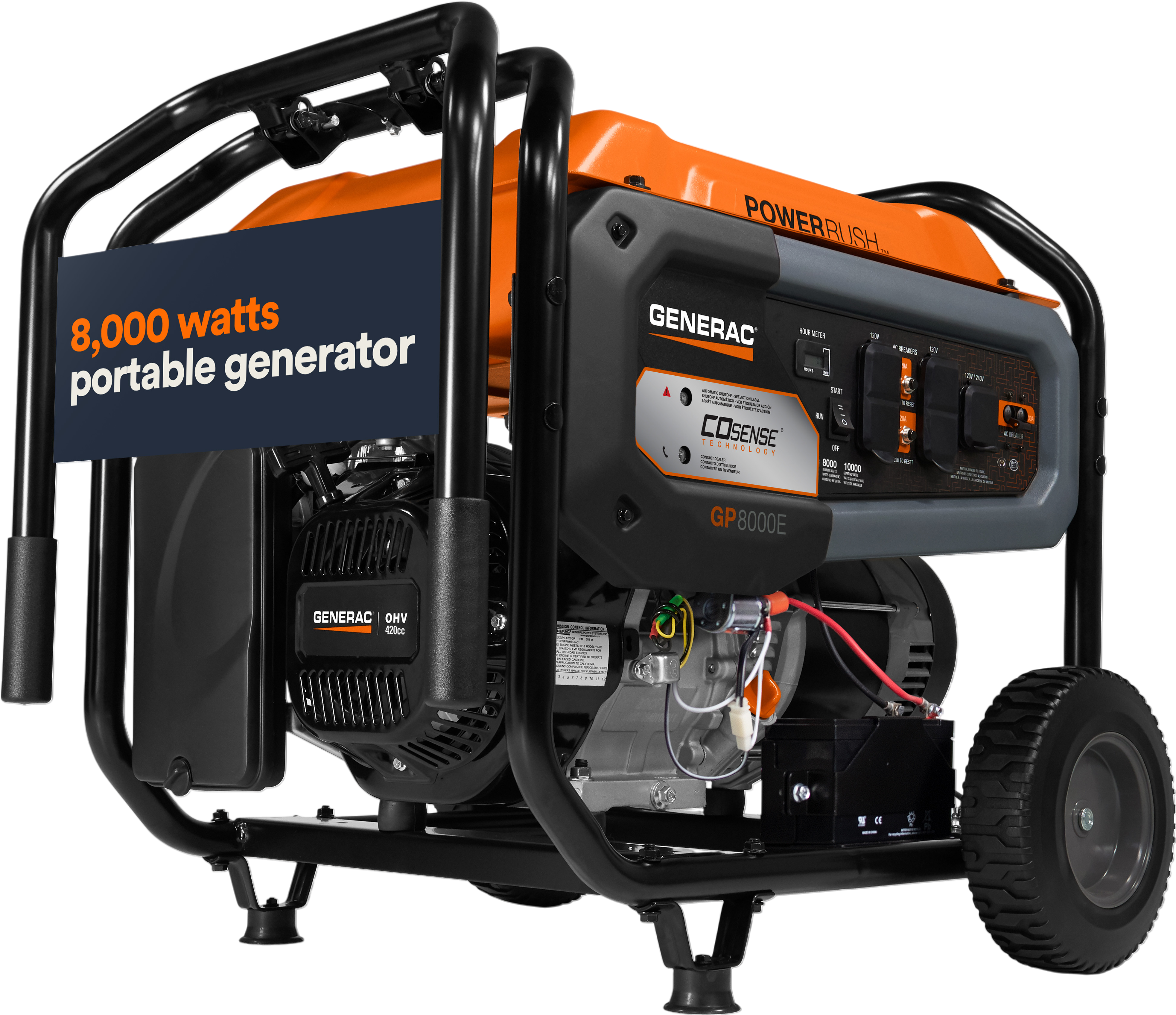 Generac GP8000E 8000W/10,000W Generator Gas PowerRush with CO Sense Electric Start 7715 RFB