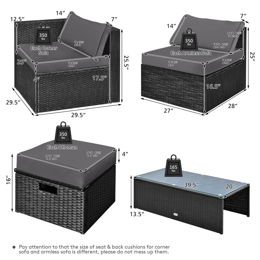 8-piece patio rattan furniture set with gray cushions, including corner and armless sofas, coffee table, and storage.