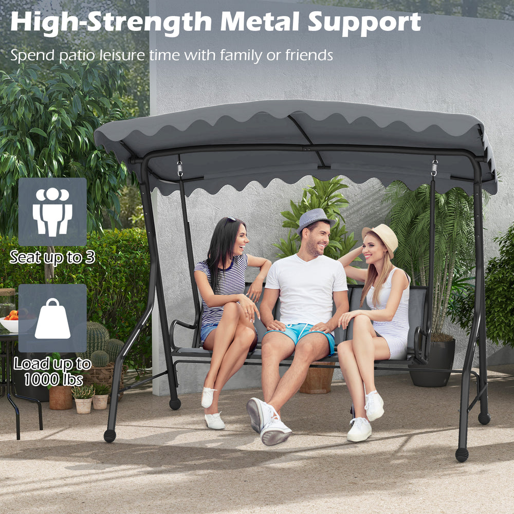 3-seat outdoor porch canopy swing in gray with adjustable shading, robust metal frame, perfect for backyard relaxation.