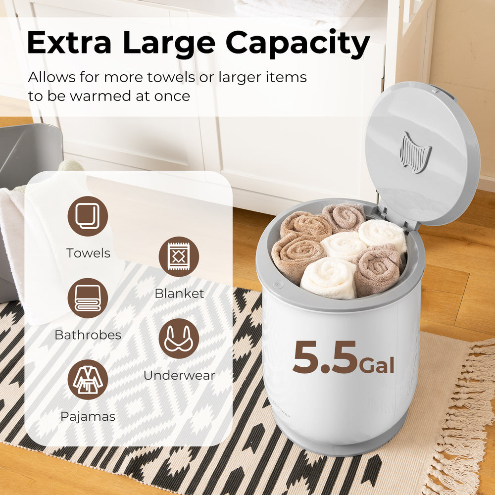 Towel warmer bucket in gray with 5.5-gal capacity, ideal for heating towels and bathrobes, featuring auto shut-off.