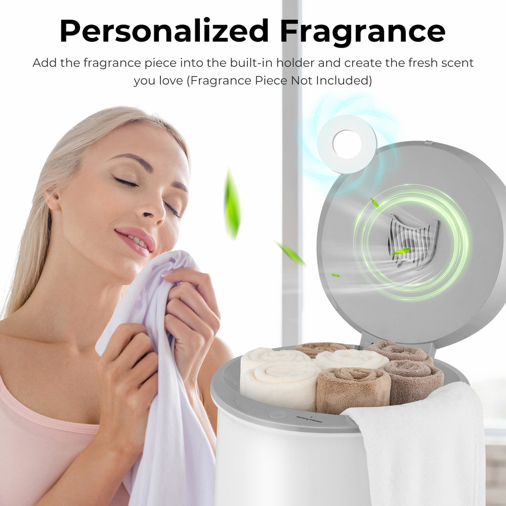 Towel warmer bucket in gray with towels inside, featuring a fragrance holder and auto shut-off for safety.