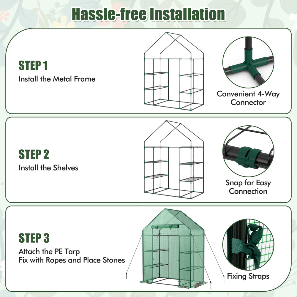 Portable 4 tier walk-in greenhouse installation steps with 8 shelves, featuring a rust-resistant metal frame.