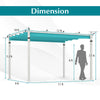 Outdoor pergola with turquoise retractable canopy, aluminum frame, and dimensions for versatile outdoor use.