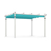 Outdoor pergola with turquoise retractable canopy and sturdy aluminum frame, ideal for versatile outdoor use.