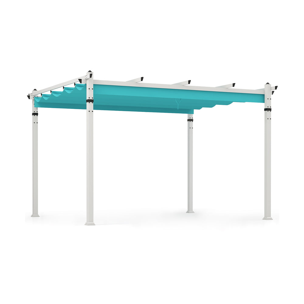 Outdoor pergola with turquoise retractable canopy and sturdy aluminum frame, ideal for versatile outdoor use.