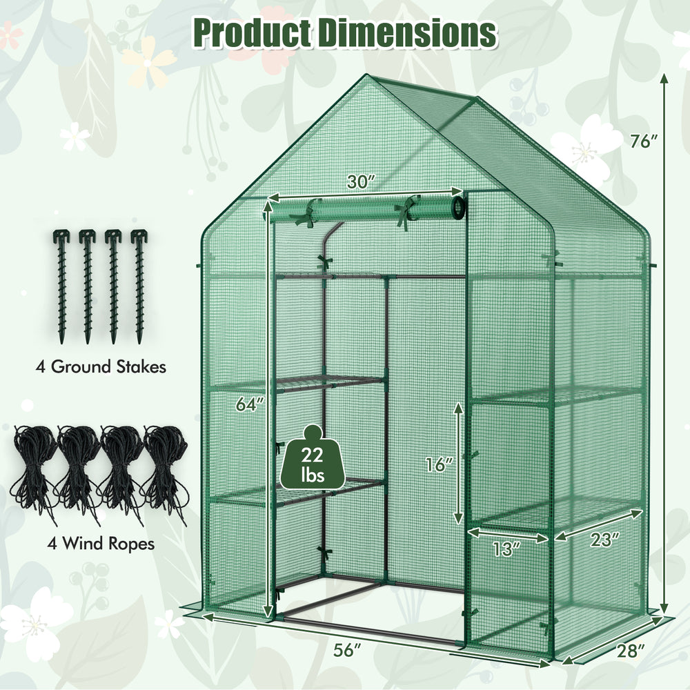 Portable 4 tier walk-in greenhouse with 8 shelves, measuring 30" x 76", ideal for plant growth and sunlight exposure.